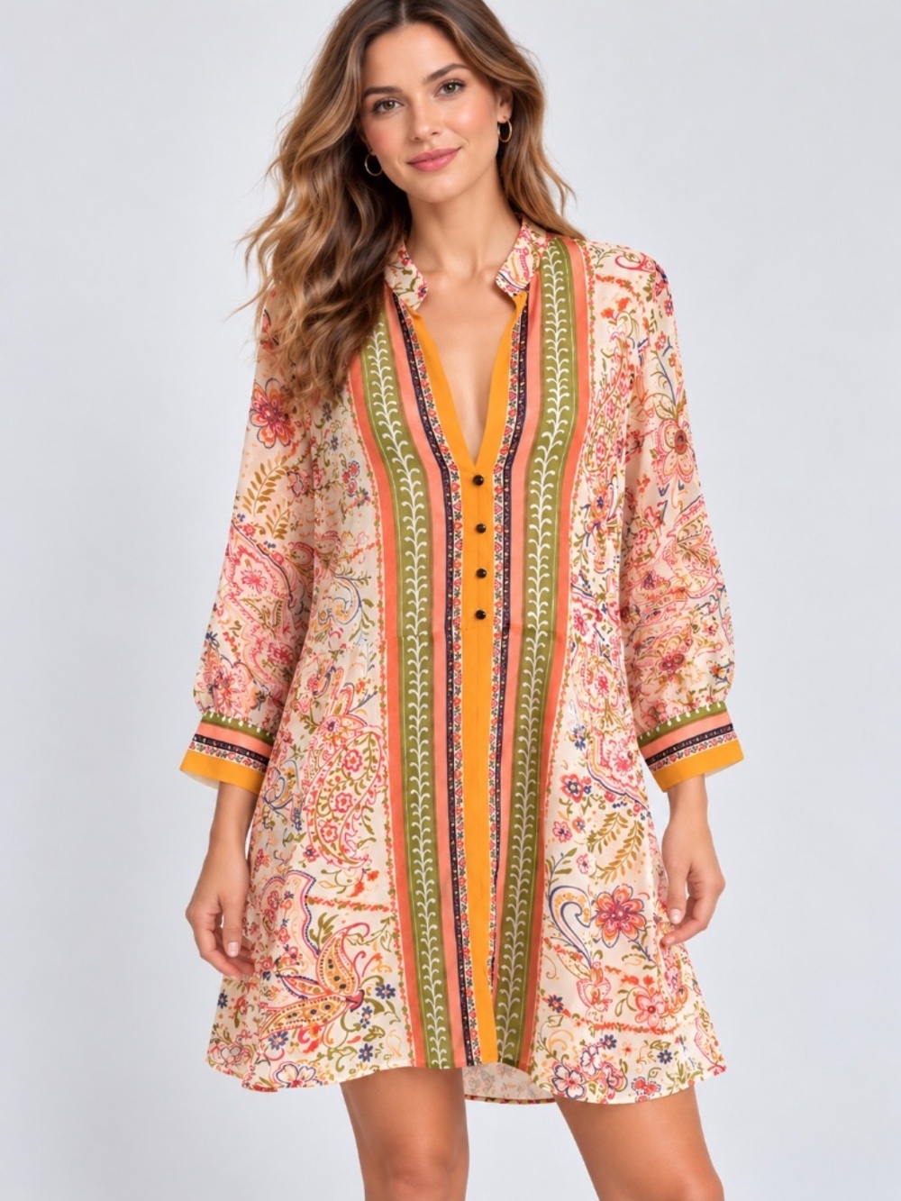 Zara XL Boho Paisley Floral Sheer Tunic Mini Dress Long Sleeve Multicolor